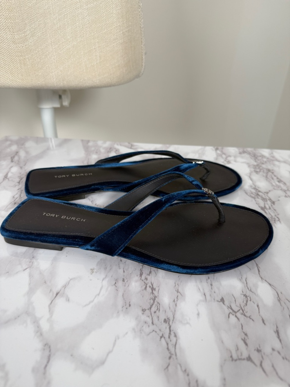 Tory Burch Blue Velvet Thong Sandals with Logo Accent - Picture 6 of 9